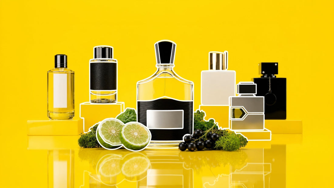 Assorted perfume bottles displayed on a reflective yellow surface against a bright yellow background, with sliced limes, dark berries, and green moss arranged around the bottles, creating a fresh fragrance-themed product scene.