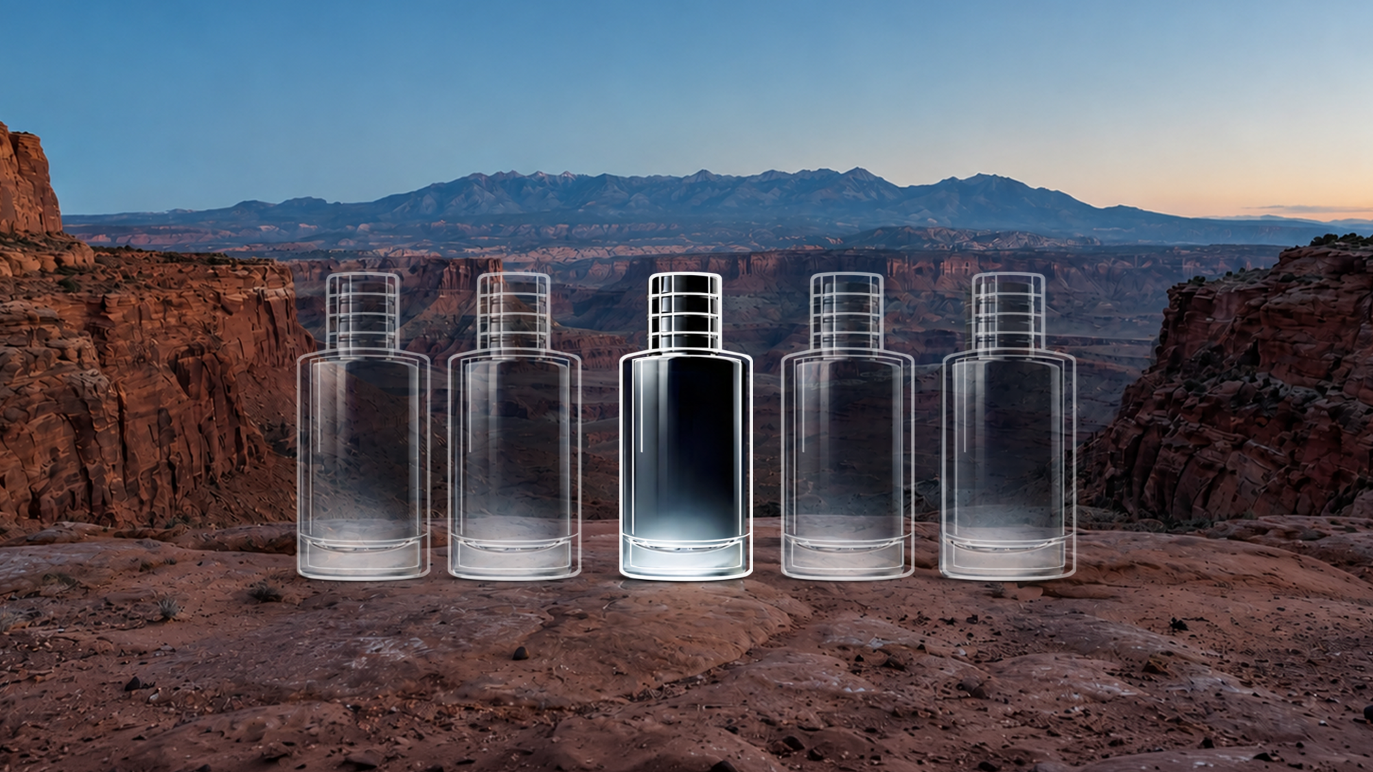 Five Dior Sauvage bottle outlines and one dark filled bottle stand on a rocky canyon overlook at dusk, with layered red cliffs and distant mountains under a clear blue sky.