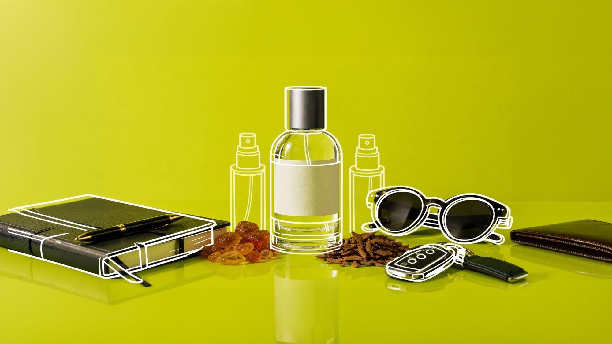 Flat lay of luxury everyday items on a lime green background: notebook with pen, perfume bottle, spray bottles, sunglasses, wallet, car key, amber stones, and wood chips outlined in white.