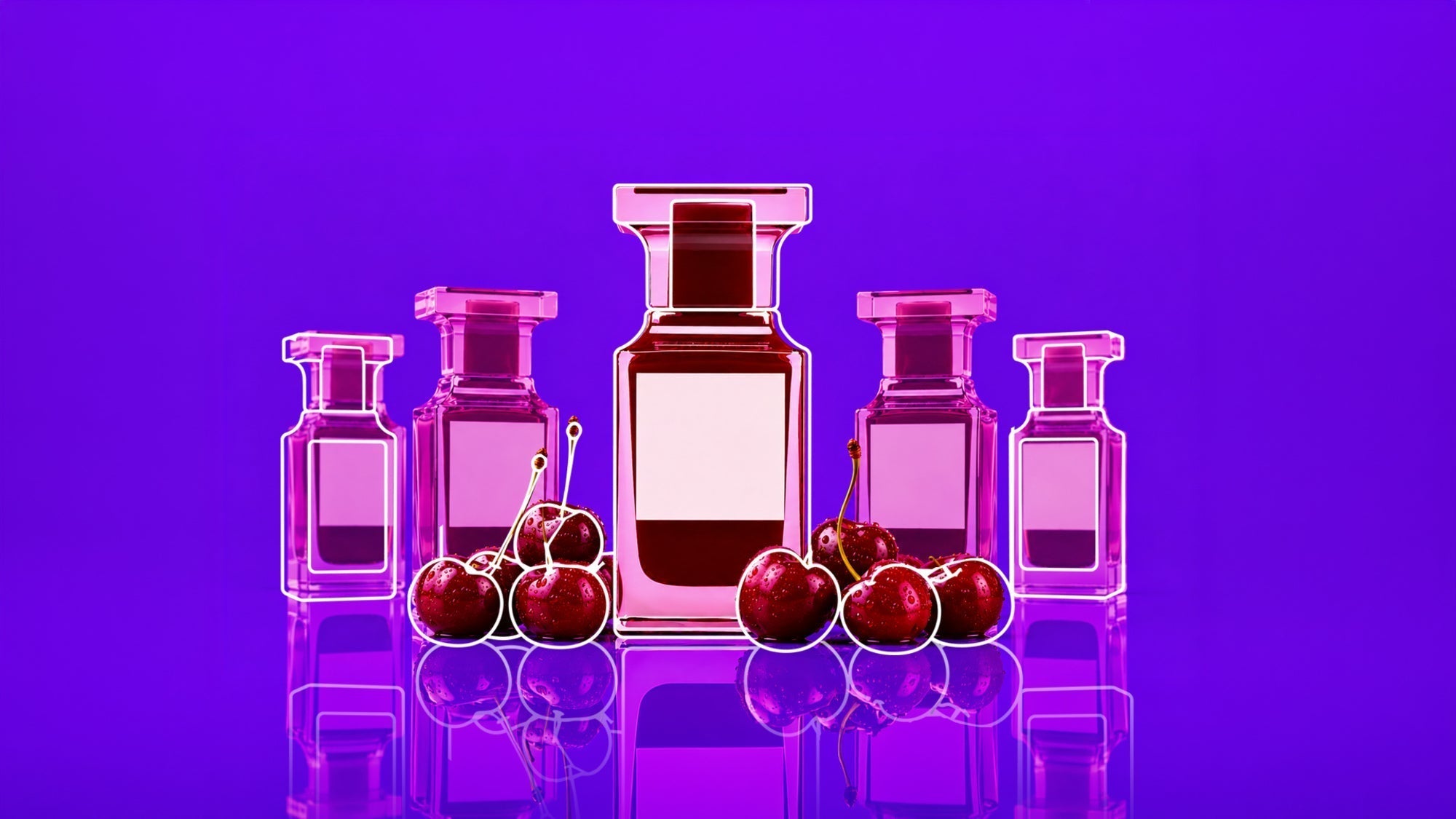 Five Tom Ford Lost Cherry perfume bottles surrounded by fresh cherries on a reflective surface against a glowing purple gradient background.
