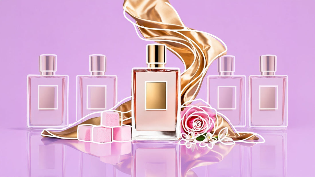 Luxury perfume bottle centered on a reflective surface, surrounded by pink marshmallows, a pink rose, white blossoms, and flowing gold satin. Four soft-focus perfume bottles and a lavender gradient background create an elegant, feminine display.
