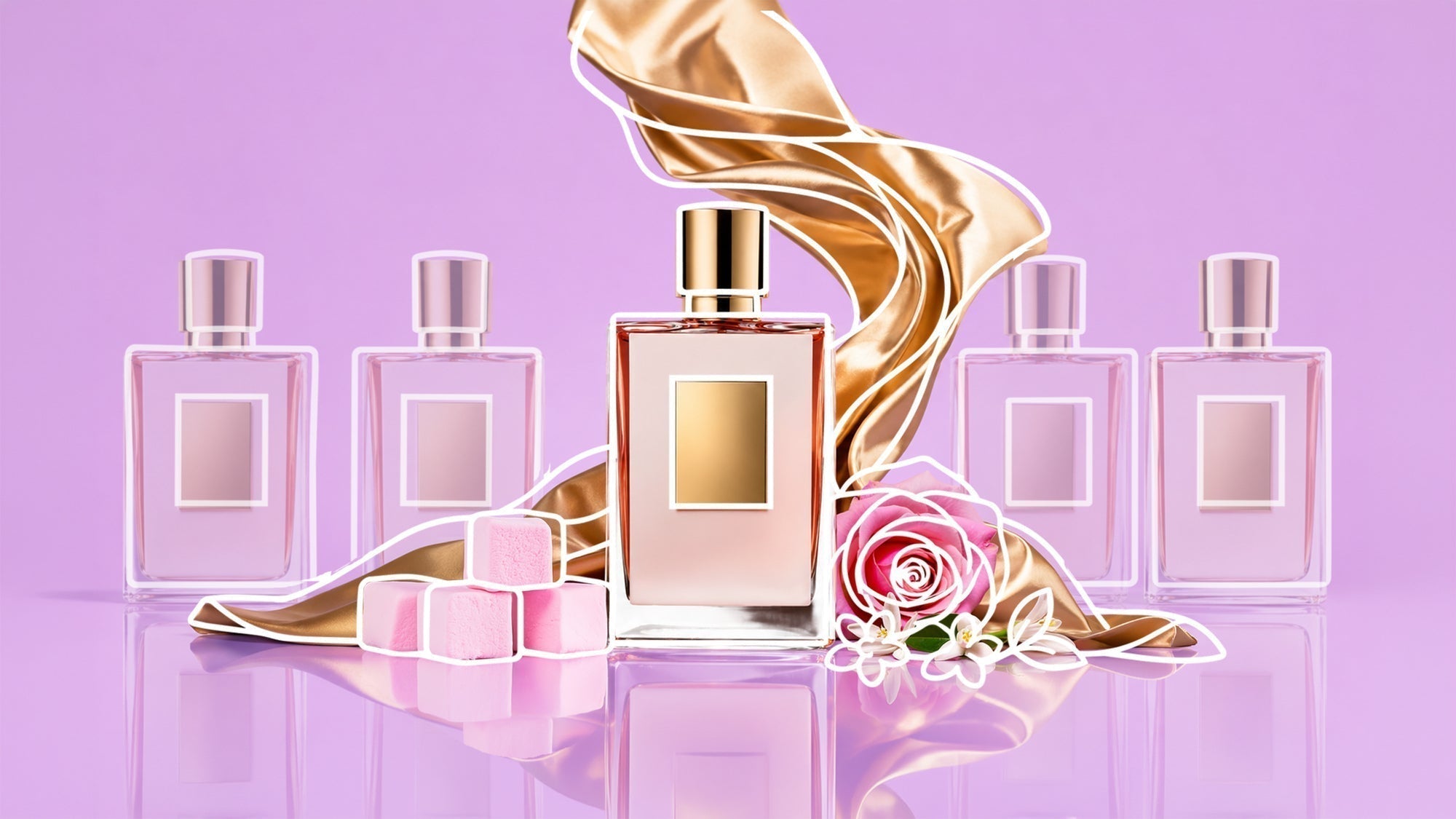 Luxury perfume bottle centered on a reflective surface, surrounded by pink marshmallows, a pink rose, white blossoms, and flowing gold satin. Four soft-focus perfume bottles and a lavender gradient background create an elegant, feminine display.