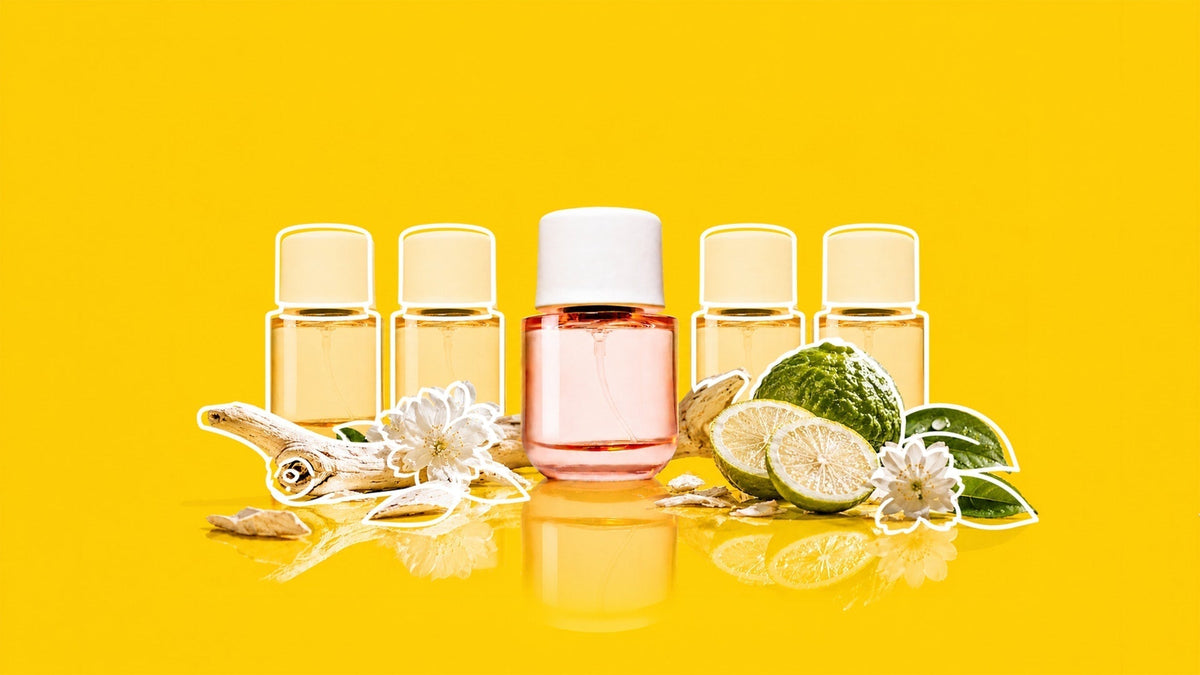 Five small fragrance bottles surround a larger pink perfume bottle, arranged with citrus fruit, white flowers, green leaves, and wood on a bright yellow background.