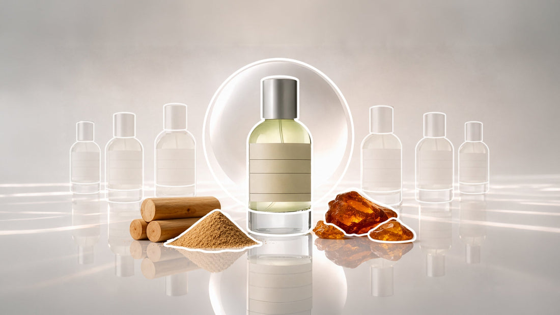 Minimalist product display featuring a central Le Labo Santal 33 perfume bottle with wooden sticks, powdered ingredient, and amber resin pieces, surrounded by translucent bottles on a reflective surface