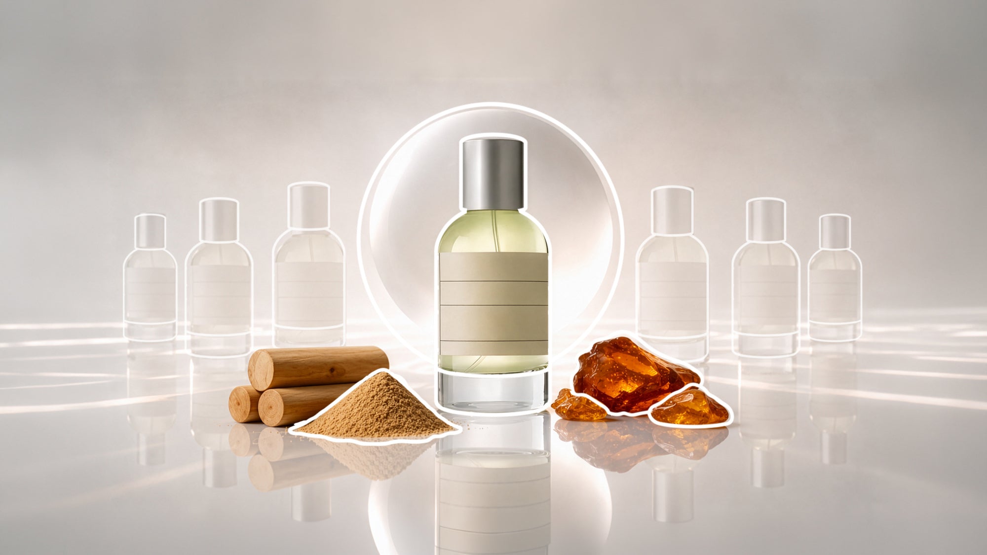 Minimalist product display featuring a central Le Labo Santal 33 perfume bottle with wooden sticks, powdered ingredient, and amber resin pieces, surrounded by translucent bottles on a reflective surface