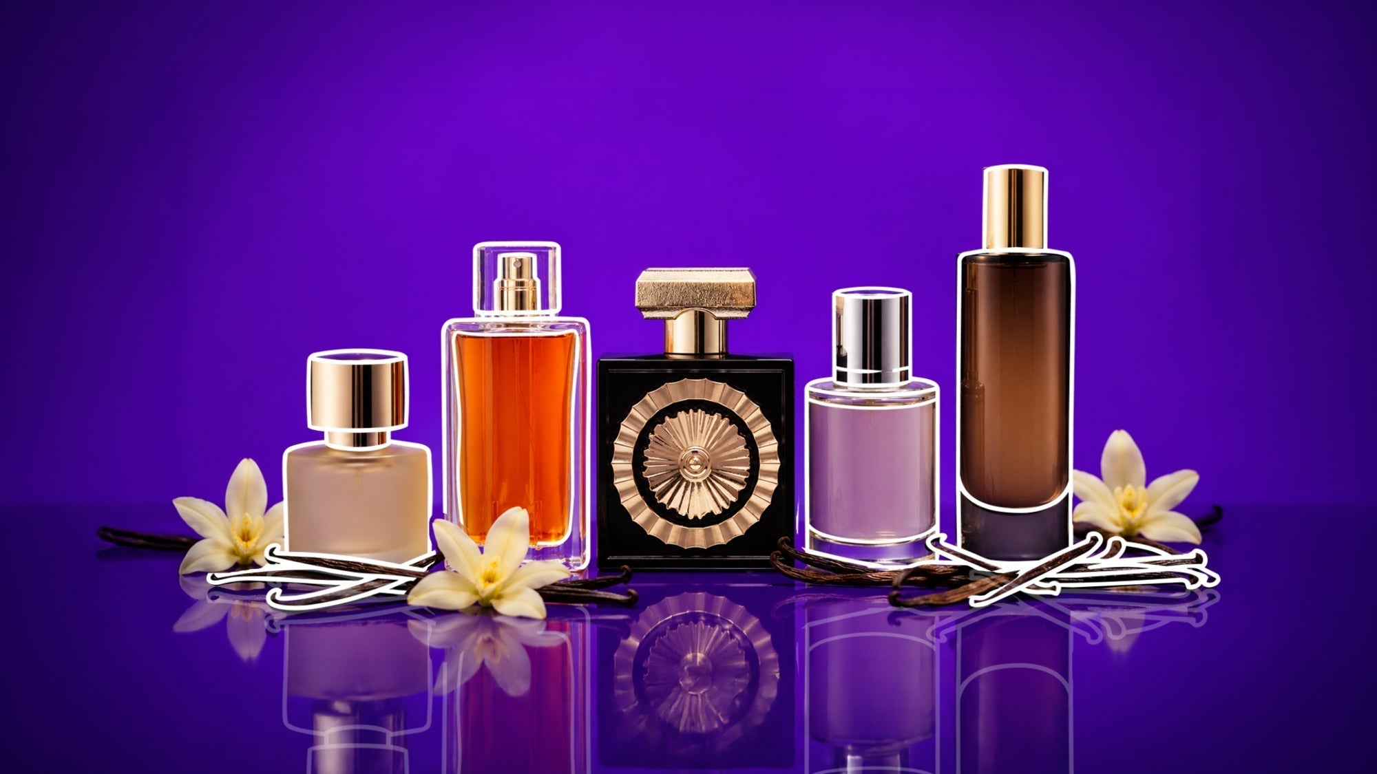 Five assorted perfume bottles with gold and silver accents arranged among vanilla flowers and vanilla bean pods on a reflective surface against a vibrant purple gradient background.