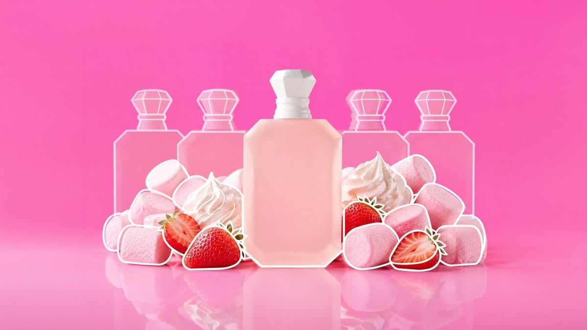 Pink perfume bottle surrounded by strawberries, pink marshmallows, and swirls of whipped cream against a bright pink background, with outlined perfume bottles behind it.