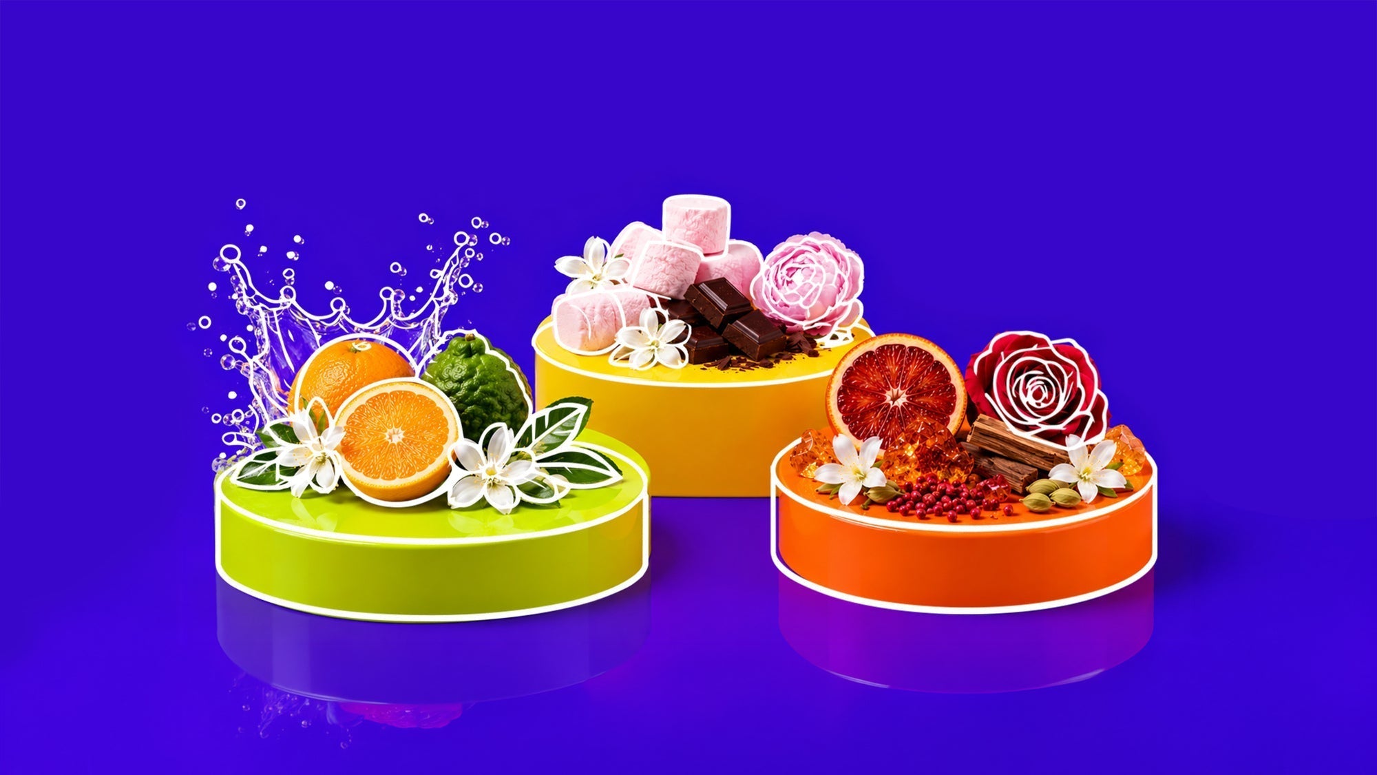 Three colorful display pedestals showcase fragrance-inspired ingredients: oranges, bergamot and white blossoms with a water splash; pink marshmallows, chocolate and flowers; and blood orange, rose, spices, amber resin and cinnamon on a purple background.