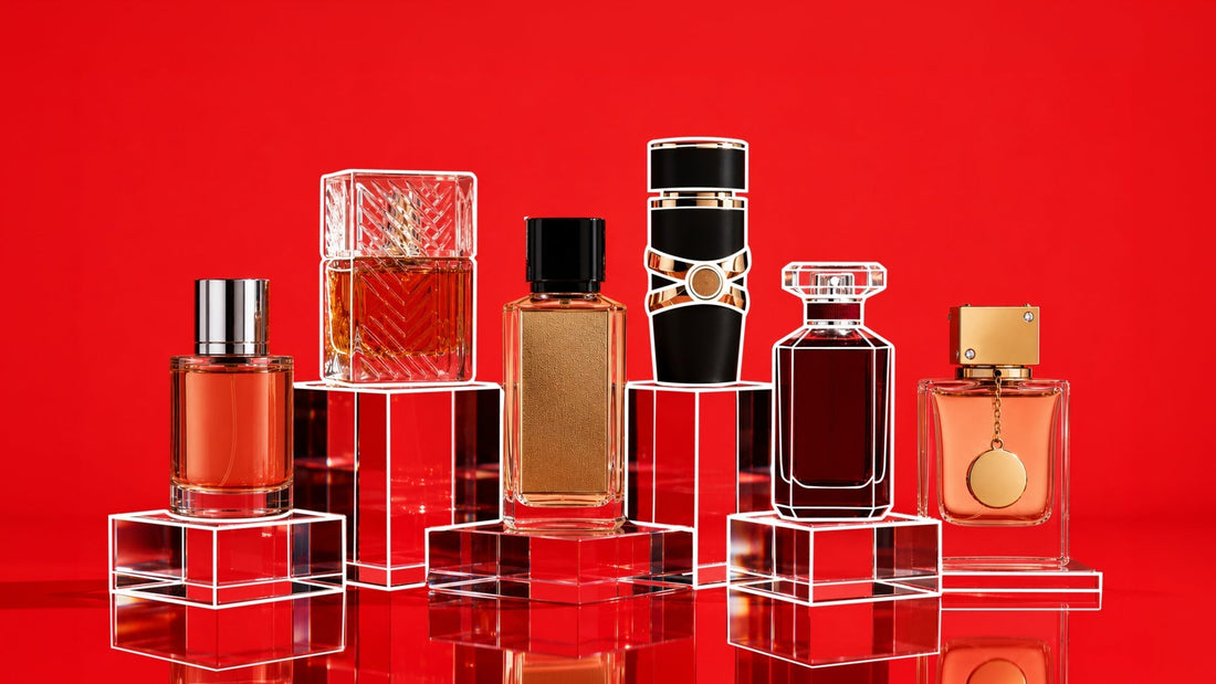 Five luxury perfume bottles in assorted glass and black-and-gold designs displayed on clear acrylic pedestals against a vivid red background with reflective surface.