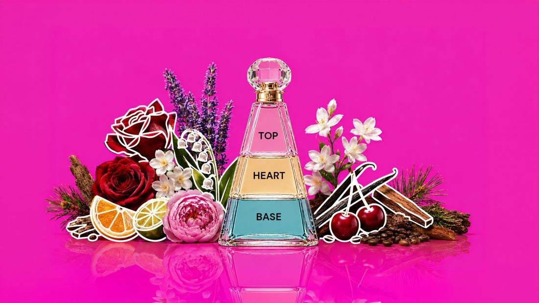 Perfume bottle illustrated as a fragrance pyramid labeled Top, Heart, and Base, surrounded by roses, lavender, lily of the valley, citrus slices, jasmine blossoms, cherries, vanilla, coffee beans, and woody notes on a bright pink background.