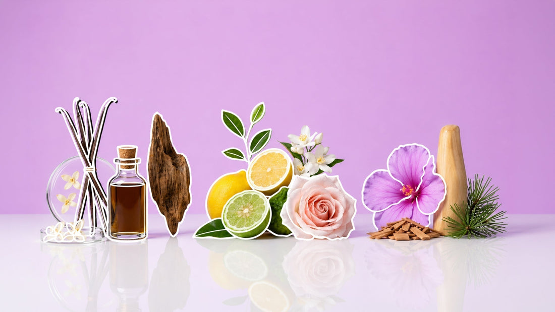 Assortment of fragrance ingredients on a glossy white surface against a lavender background: vanilla pods, amber oil bottle, oud wood, lemon, lime, green leaves, jasmine, pink rose, purple hibiscus, sandalwood chips, wooden diffuser, and pine needles.