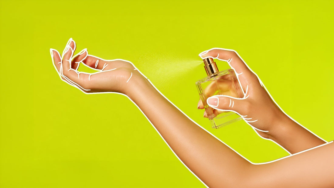 Hand spraying perfume from a clear glass bottle onto the wrist of an outstretched arm against a bright lime green background, with white illustrated outlines accenting the hands.