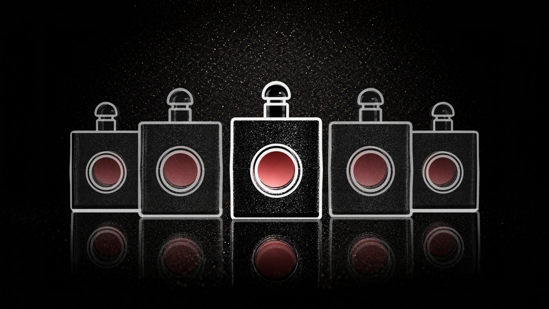 Five black perfume bottles arranged in a row on a dark reflective surface, with the center bottle highlighted and outlined by layered white line-art silhouettes against a speckled black background.