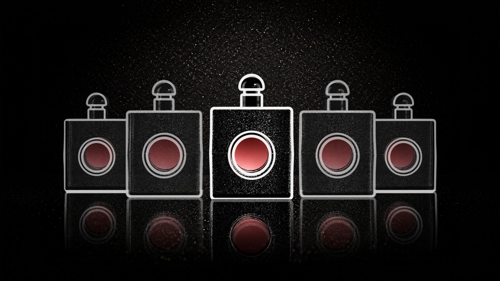Five black perfume bottles arranged in a row on a dark reflective surface, with the center bottle highlighted and outlined by layered white line-art silhouettes against a speckled black background.