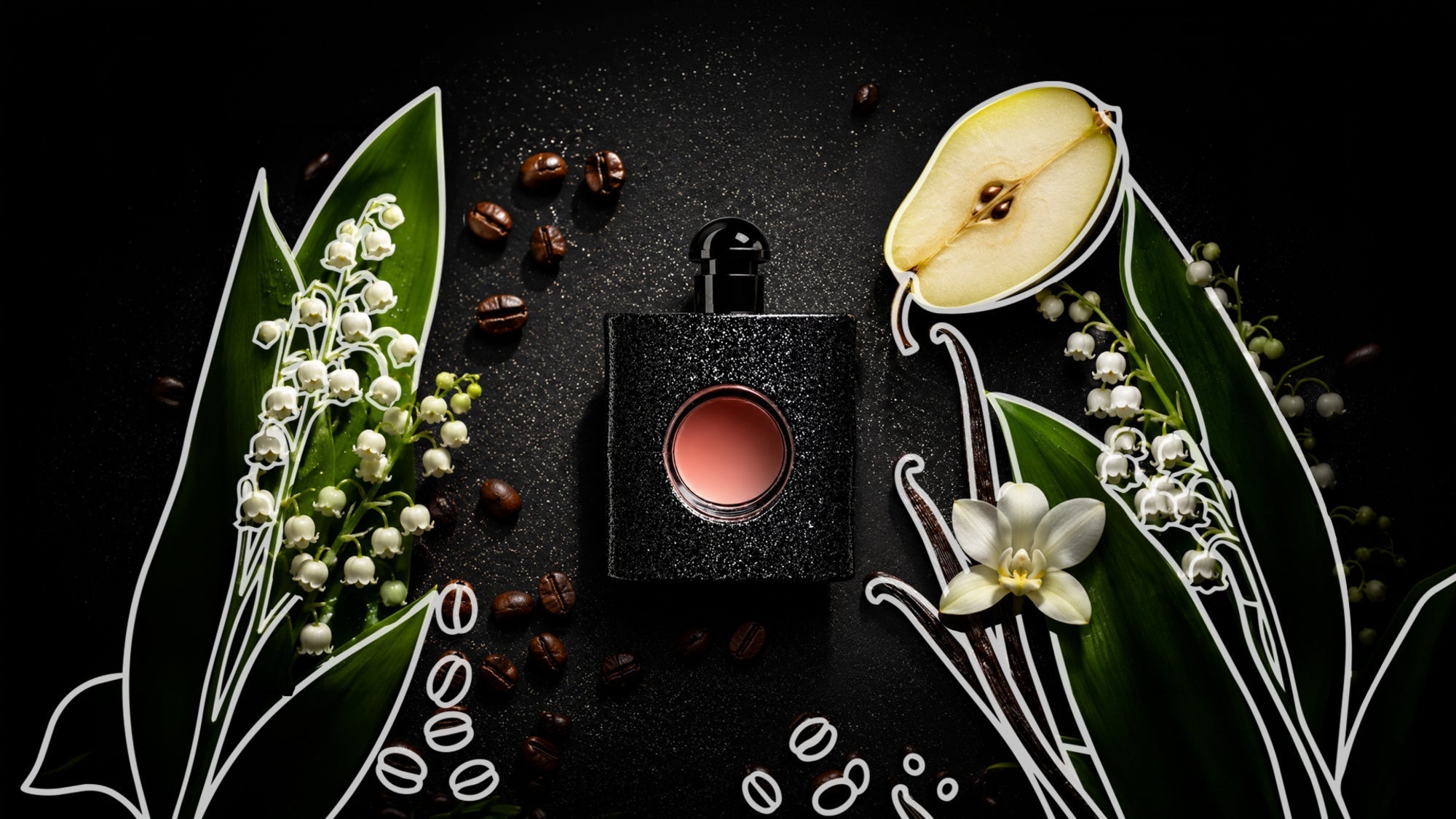 Black perfume bottle centered on a dark background, surrounded by lily-of-the-valley flowers, green leaves, coffee beans, vanilla pods, a white blossom, and a halved pear, with decorative white line-art accents suggesting fragrance notes.