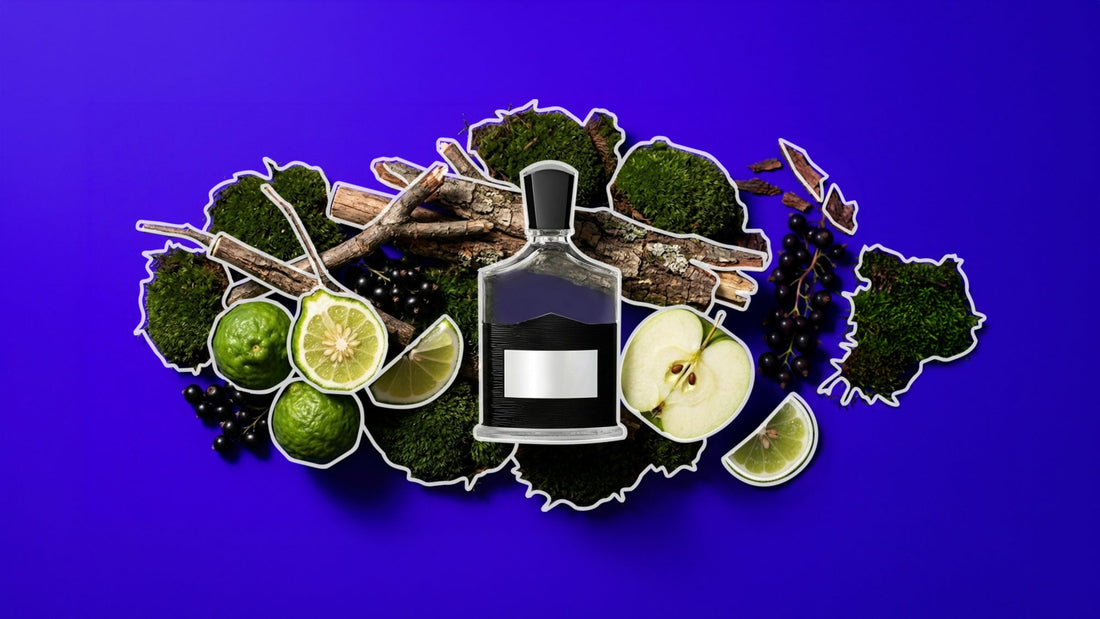 Perfume bottle surrounded by moss, tree branches, limes, apple slices, and dark berries on a vivid blue-purple background, suggesting a fresh, woody fragrance with citrus and fruity notes.