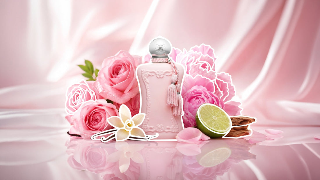Pink perfume bottle surrounded by pink roses, peonies, vanilla pods, lime half, and wood on a soft pink backdrop, highlighting fresh citrus, floral, and warm vanilla fragrance notes.