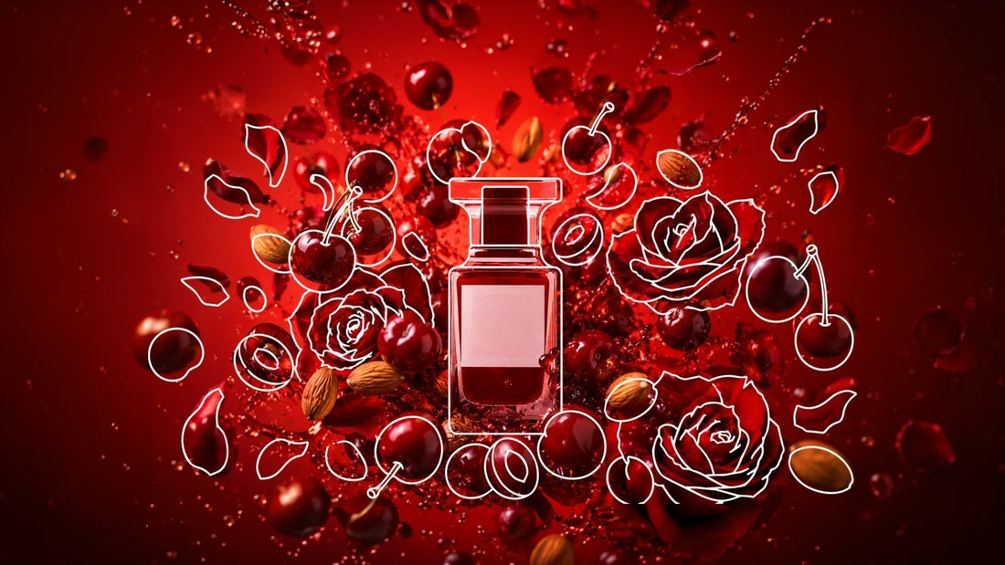 Perfume bottle surrounded by red roses, cherries, almonds, and splashes on a vivid red background, with white outline illustrations accenting the floral and fruit elements.