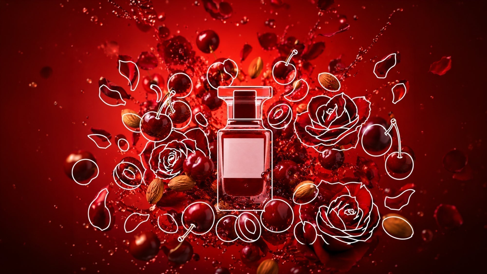 Perfume bottle surrounded by red roses, cherries, almonds, and splashes on a vivid red background, with white outline illustrations accenting the floral and fruit elements.