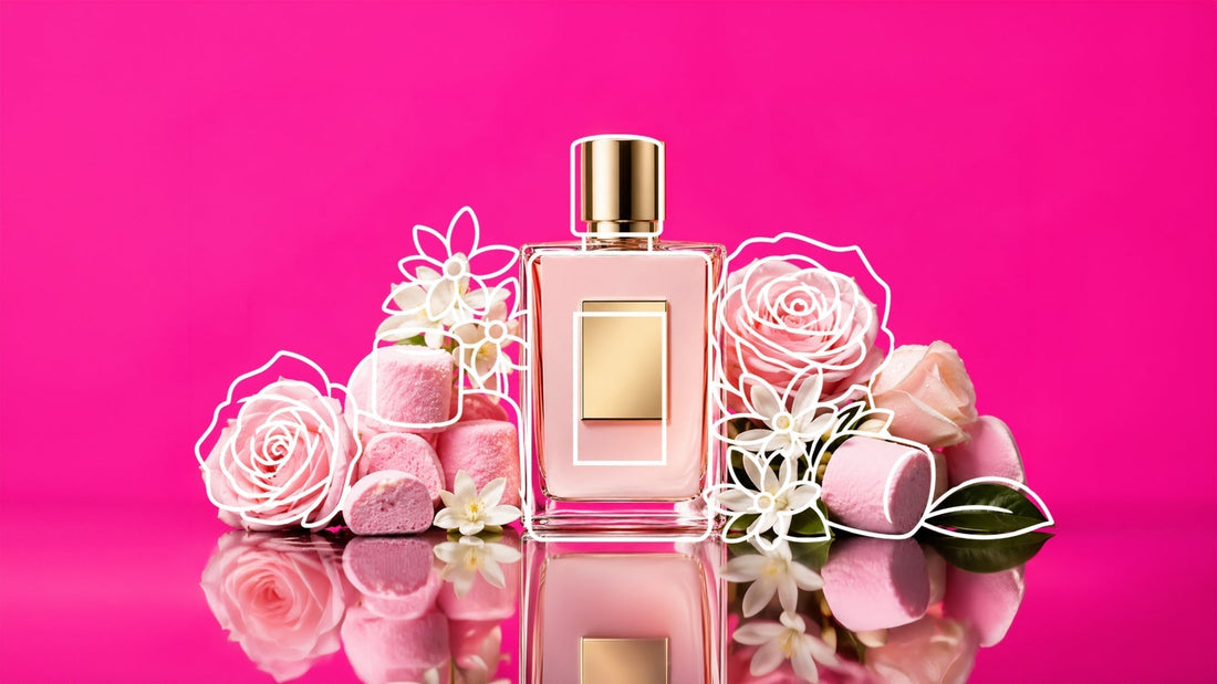 Luxury perfume bottle with a gold cap centered among pink roses, marshmallows, and white blossoms on a reflective surface against a vivid pink background, accented by white floral line-art overlays.