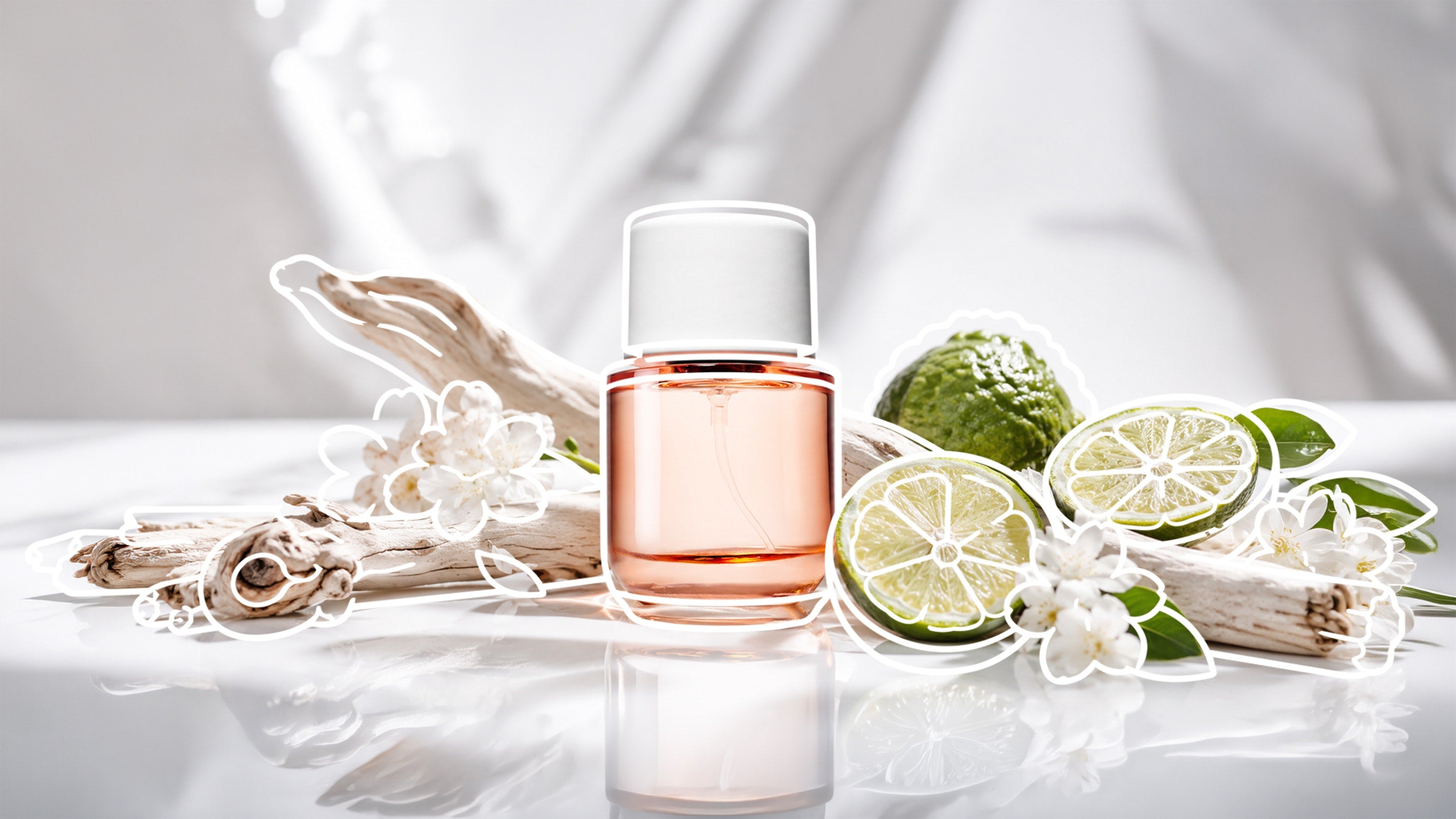 Clear perfume bottle filled with peach-colored liquid, surrounded by halved limes, white blossoms, green leaves, and pale driftwood on a glossy white surface.