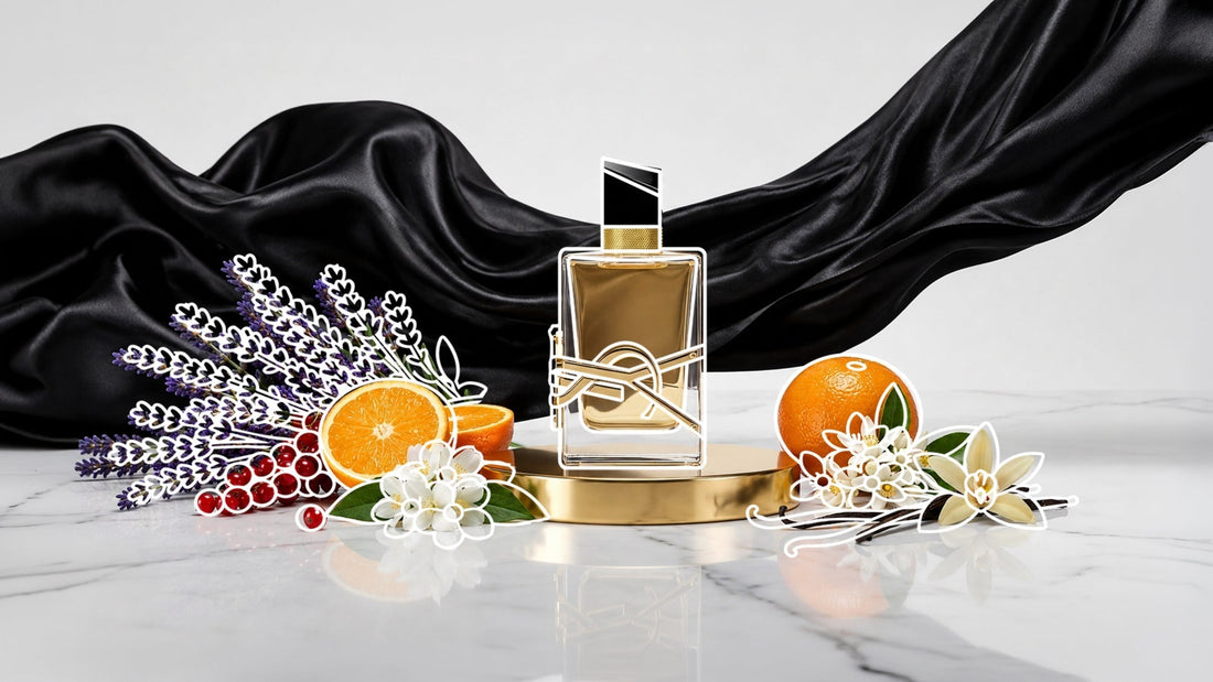 Luxury perfume bottle on a gold pedestal, surrounded by oranges, lavender, red berries, white blossoms, and vanilla pods on a marble surface, with flowing black satin draped in the background.