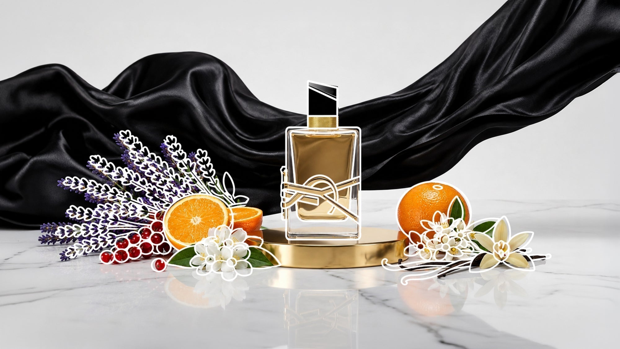 Luxury perfume bottle on a gold pedestal, surrounded by oranges, lavender, red berries, white blossoms, and vanilla pods on a marble surface, with flowing black satin draped in the background.