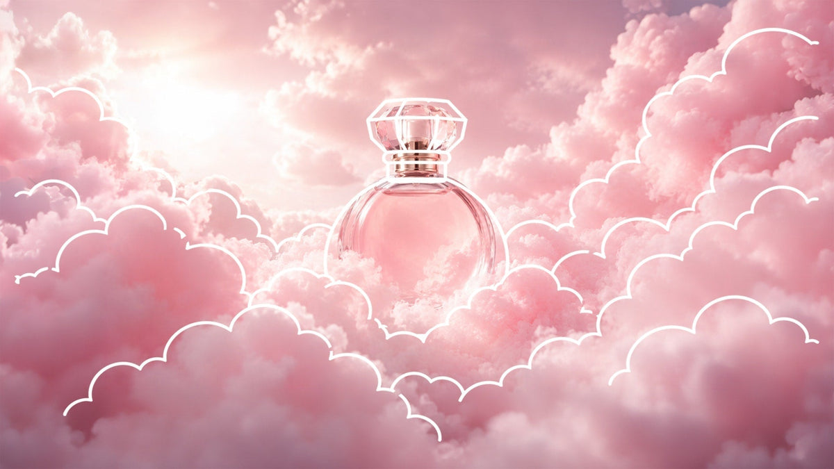 Pink perfume bottle with a faceted crystal cap emerging from soft pink clouds, surrounded by white cloud outlines beneath a glowing pastel pink sky.