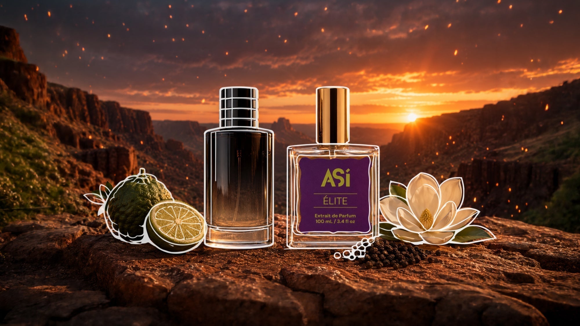 Luxury perfume bottles on rocky canyon cliffs at sunset, surrounded by bergamot, peppercorns, and white flowers under a glowing orange sky