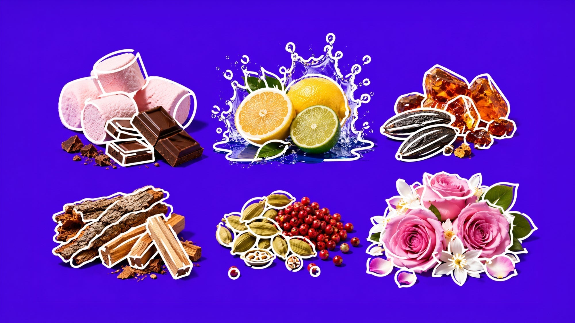 Collage of fragrane ingredients on a purple background, pink marshmallows and chocolate, sliced lemon and lime with water splash, vanilla pods with amber, wood bark and sticks, green cardamom with pink peppercorns, and pink roses with white flowers.