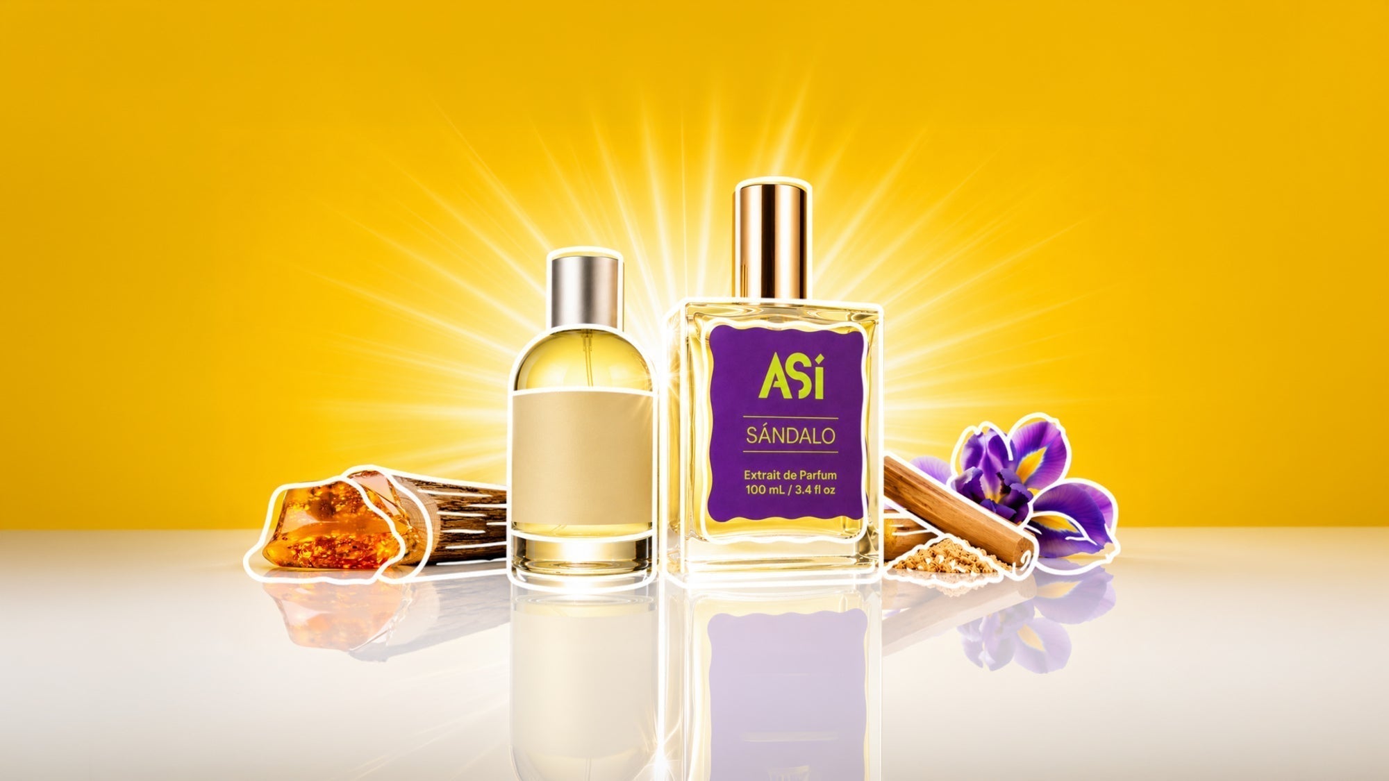 Santal 33 and ASÍ Sándalo perfume bottles beside sandalwood sticks, resin, and purple flowers on a reflective surface with a glowing yellow background.