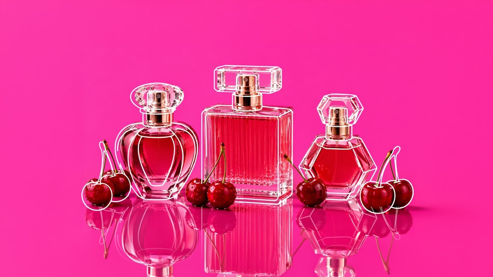Three crystal perfume bottles with red fragrance liquid surrounded by cherries on a reflective surface against a bright pink background.