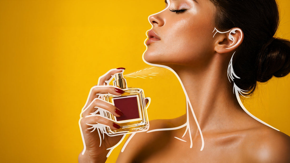 Woman with closed eyes spraying perfume on her neck, holding a glass bottle with red label, against a bright yellow background with white illustrated outline accents,