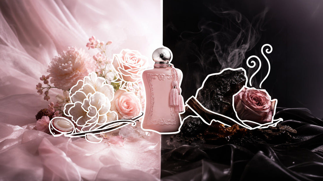 Soft pink floral arrangement and ornate pink perfume bottle split against a dark smoky scene with resin, wood, and a wilted rose, illustrating a contrast between light floral and deep woody fragrance notes.