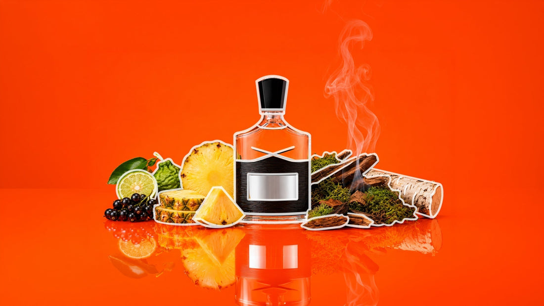 Perfume bottle on a reflective orange surface, surrounded by pineapple slices, lime, dark berries, green moss, cinnamon sticks, and birch bark, with wisps of smoke rising behind, suggesting a fruity, woody fragrance.