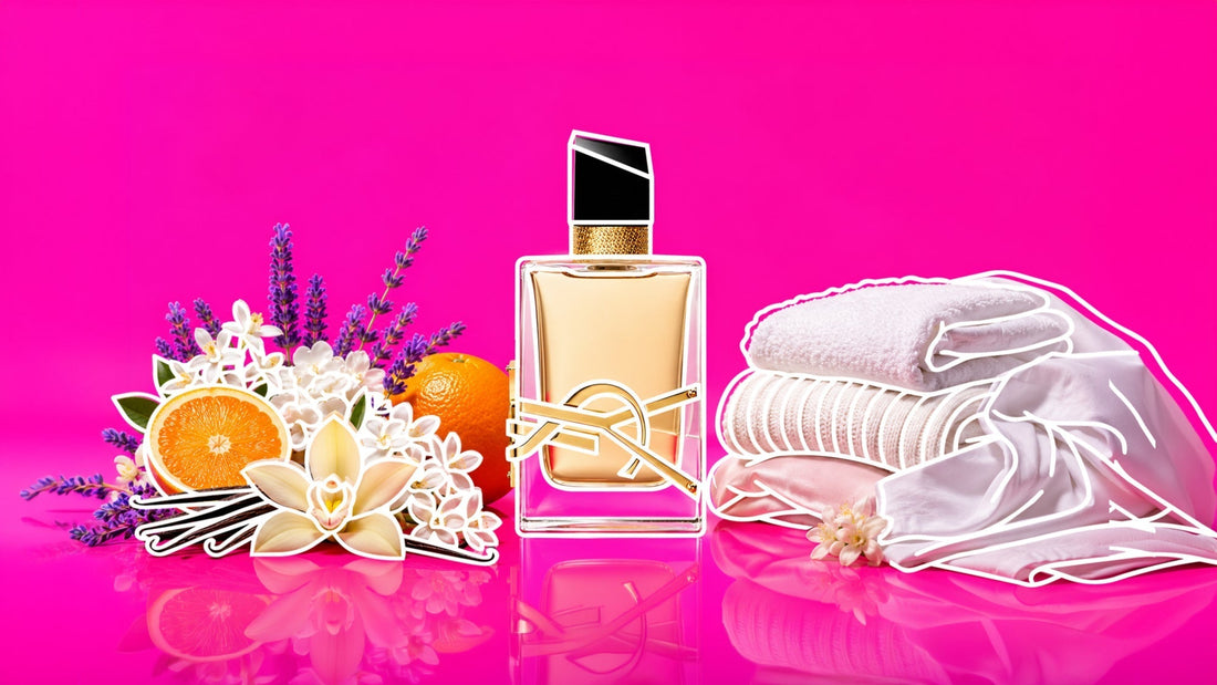Perfume bottle centered on a reflective pink surface, flanked by folded white towels and citrus, lavender, white blossoms, vanilla pods, and an orchid against a vibrant pink background, evoking a fresh spa-like atmosphere.