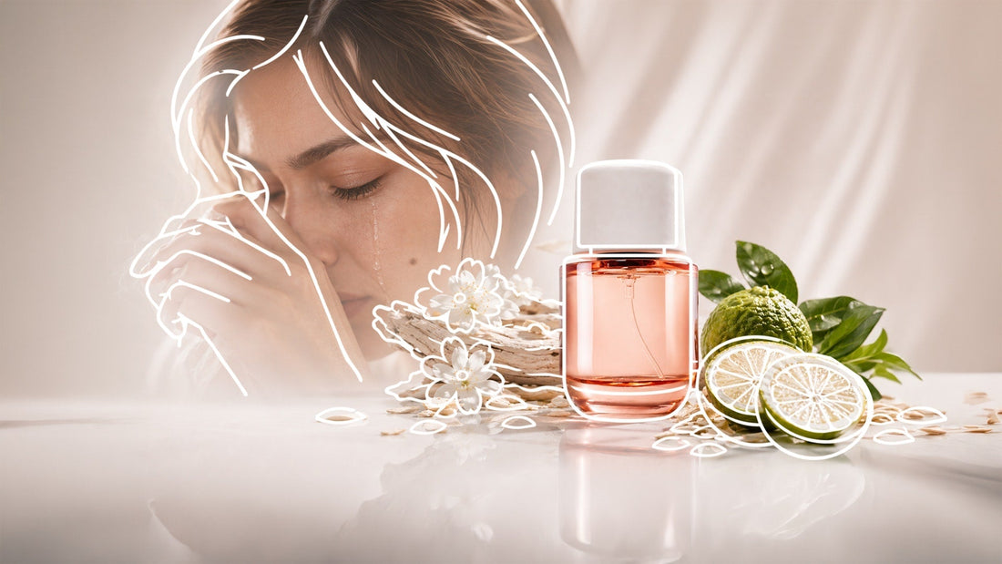 Pink perfume bottle beside sliced citrus and white flowers, with a tearful woman in the background outlined by delicate white line art.