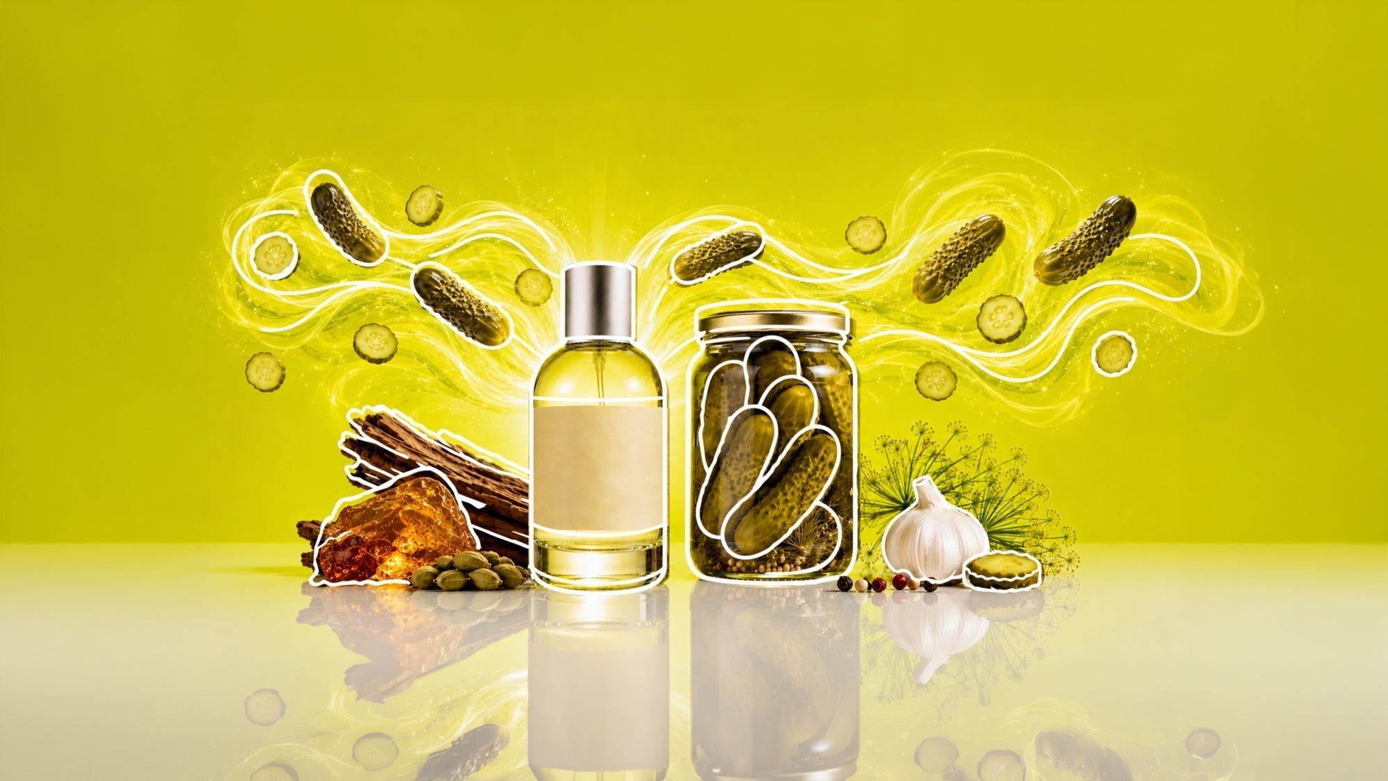 Le Labo Santal 33 Bottle and jar of pickles surrounded by floating cucumber slices, garlic, dill, and spices on a bright yellow background with glowing swirl effects.