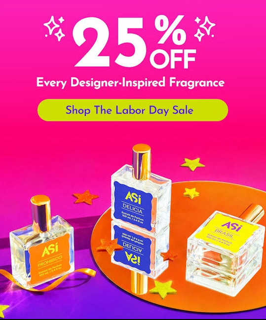 25% off every designer-inspired fragrance from ASI for the Labor Day Sale, shown with colorful perfume bottles on a bright pink and purple background.